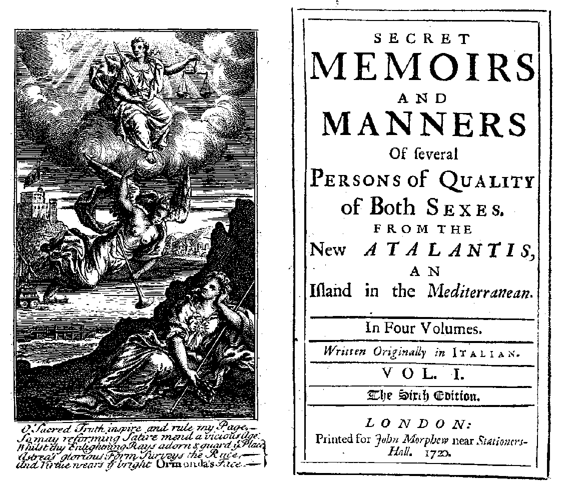 [Manley, Delarivier,] Atalantis, 1-4, 6th edition (London: J. Morphew, 1720).