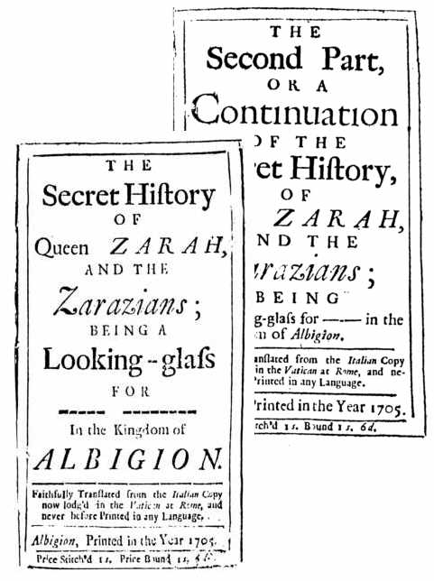 Secret History of Queen Zarah, vols. 1-2 (Albigion, 1705).