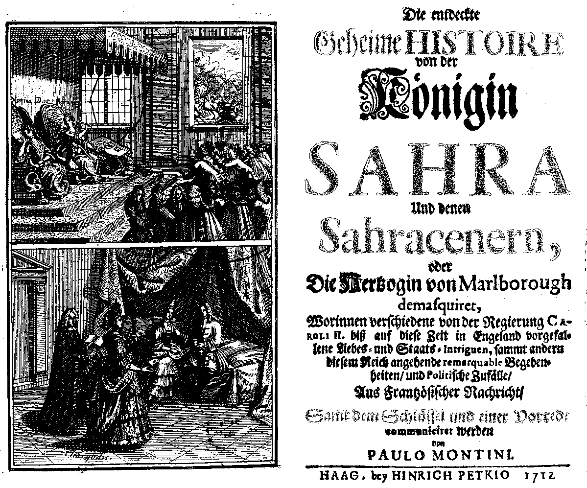 Die entdeckte geheime Histoire von der Königin Sahra (Haag: H. Petkio, 1712).