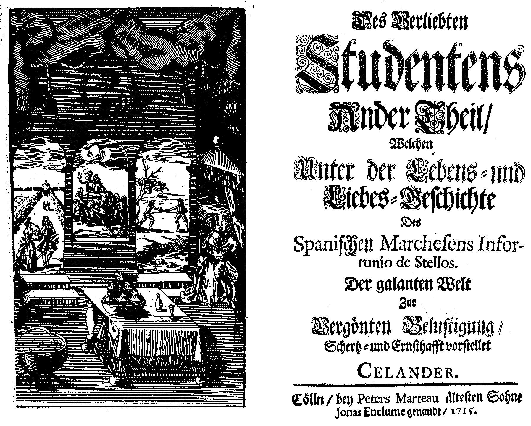[Johann Georg Gressel? Ch. Woltereck? =] Celander, Des Verliebten Studentens ander Theil (Cölln: Peters Marteau ältester Sohn, Jonas Enclume, 1715).
