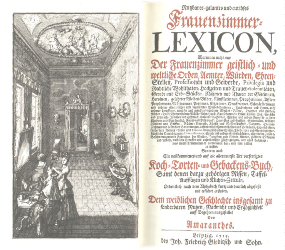[Gottlieb Siegmund Corvinus =] Amaranthes, Nutzbares, galantes und curiöses Frauenzimmer-Lexicon (Leipzig: J. L. Gleditsch & Sohn, 1715).